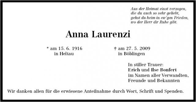 Bonfert Anna 1916-2009 Todesanzeige